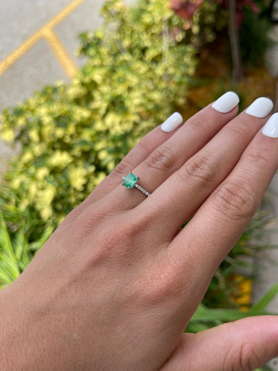 Chic and Sophisticated: Colombian Emerald Cut & Diamond Shank 1.30tcw Apple Green Engagement Promise Ring in 14K Gold