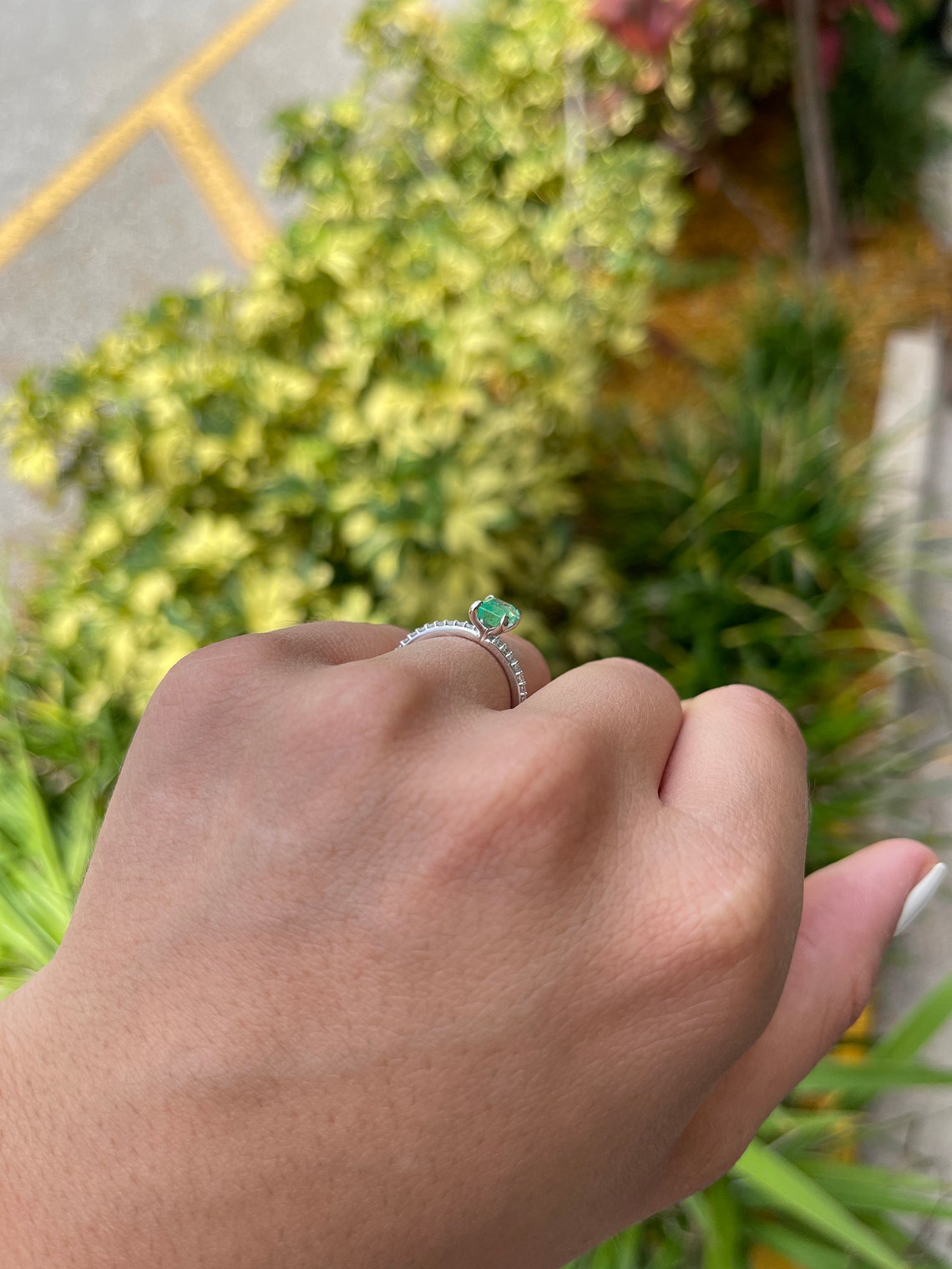 Exquisite Beauty: 1.30tcw 14K Colombian Emerald Cut & Diamond Shank Apple Green Engagement Promise Ring