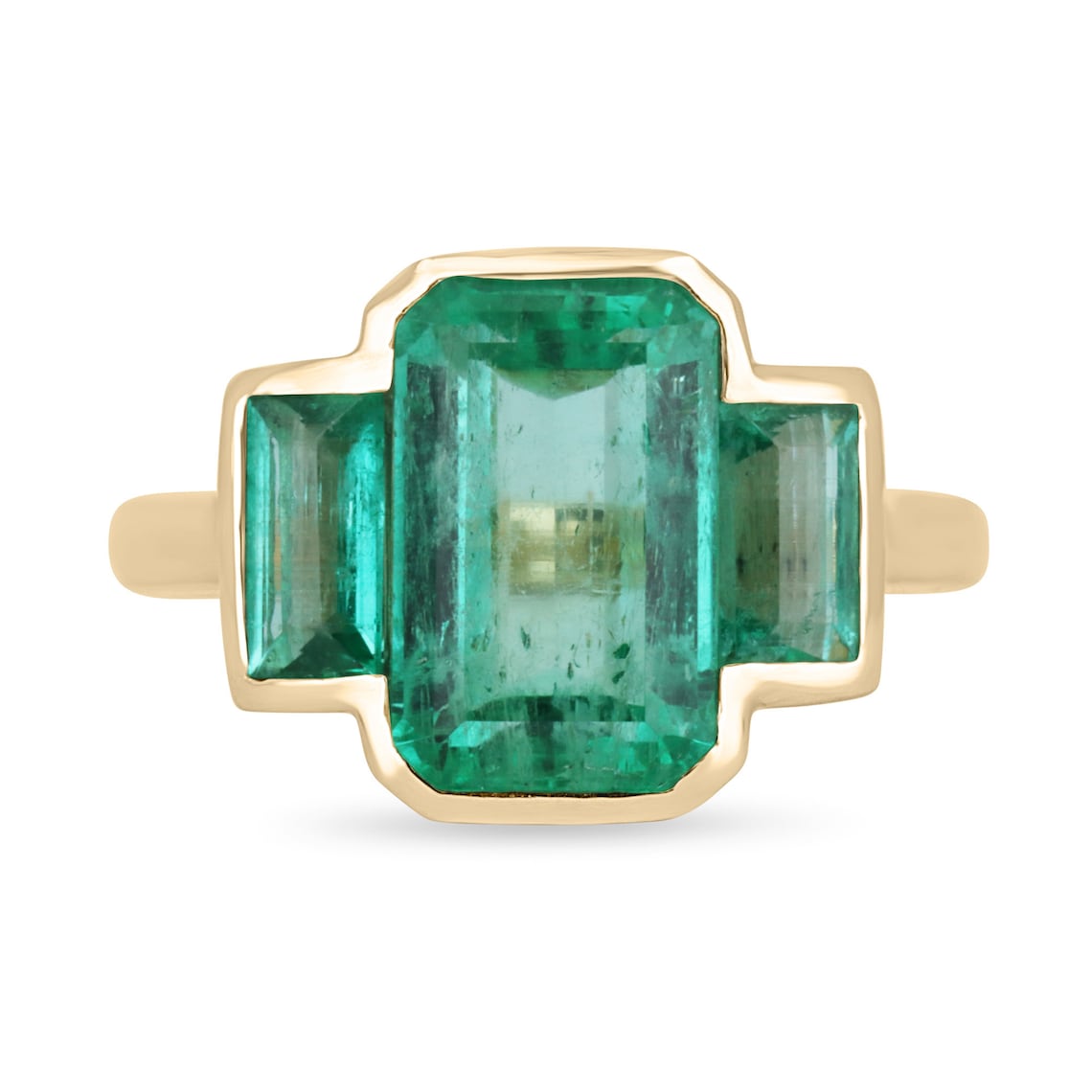 5.13tcw Three Stone Emerald Yellow Gold Ring 18K - JR Colombian Emeralds