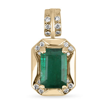 4.82tcw Dark ForestGreen Emerald Cut & Diamond 14K Gold Pendant