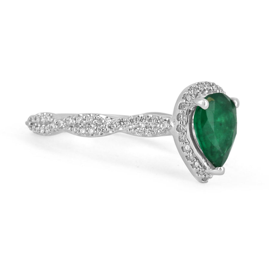 1.30tcw Natural Emerald-Pear Cut & Diamond Halo Accent Engagement 14K