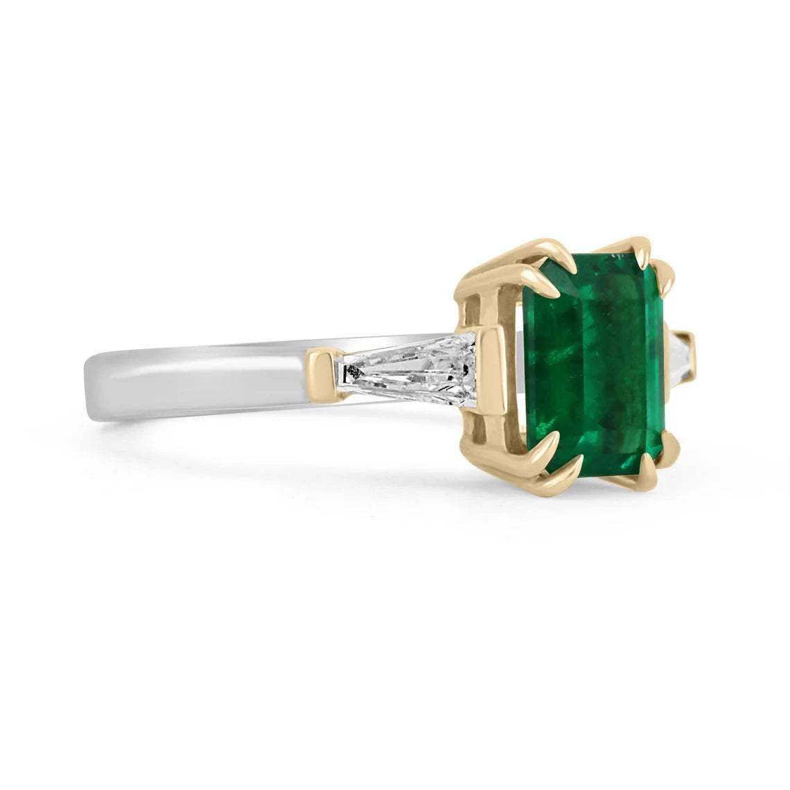 2.17tcw AAA+ AGL Insignificant Oil 18K Colombian Emerald Cut & Tappered Baguette Diamond Ring - JR Colombian Emeralds