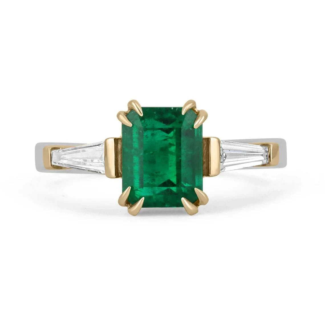 2.17tcw AAA+ AGL Insignificant Oil 18K Colombian Emerald Cut & Tappered Baguette Diamond Ring - JR Colombian Emeralds