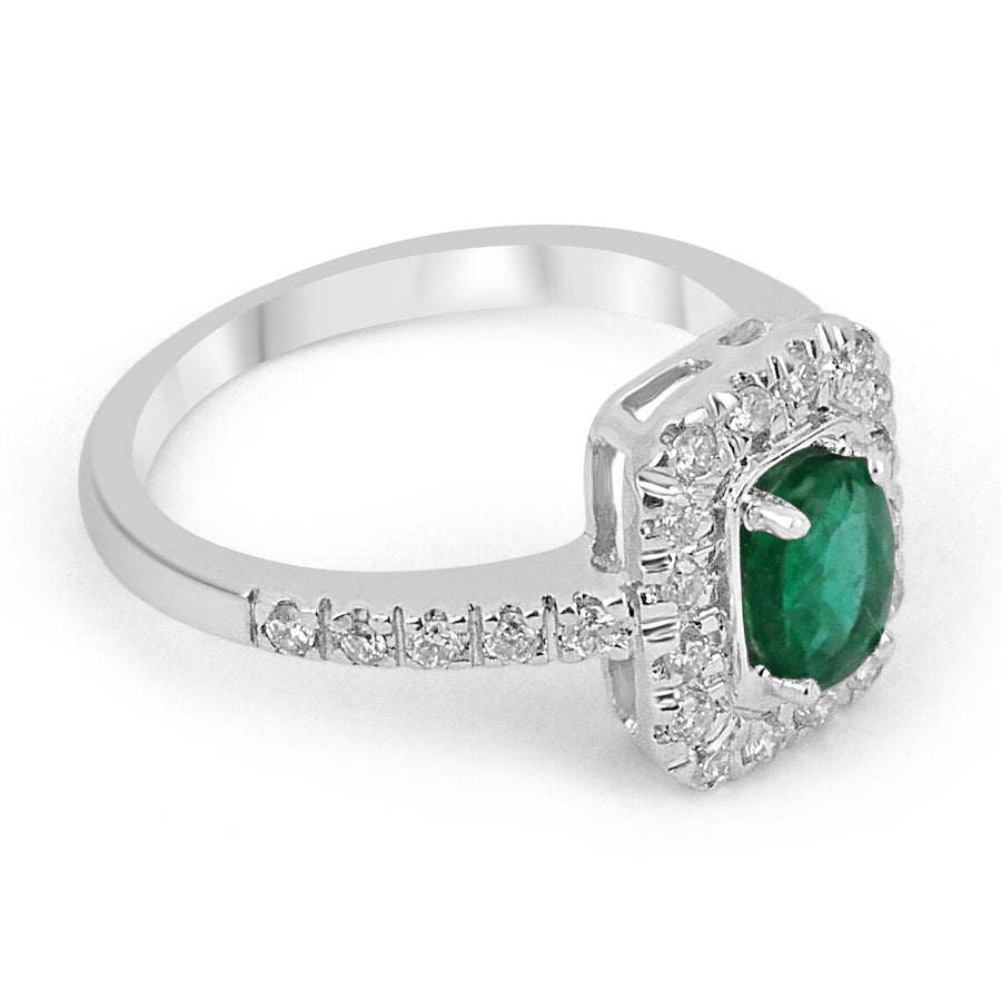 Dazzling Brilliance: 1.05tcw Dark Green Emerald Oval Cut & Diamond Halo and Shank Ring - A Shimmering Beauty
