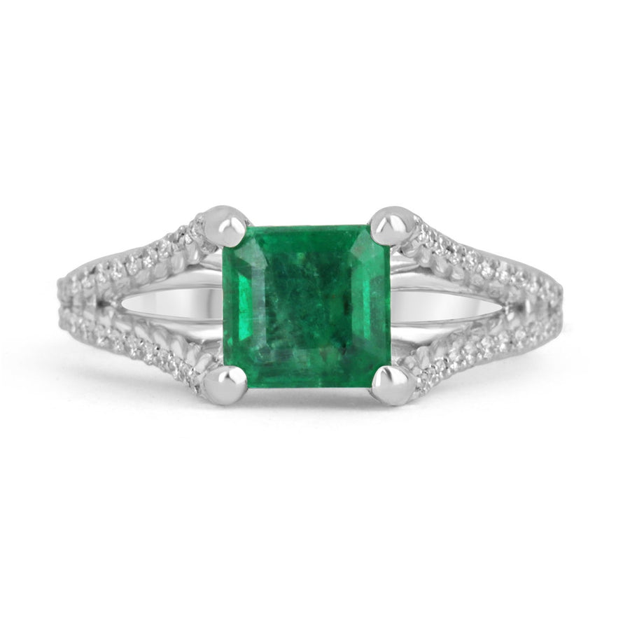1.66tcw Asscher Shape Natural Emerald & Diamond Engagement Ring 14K