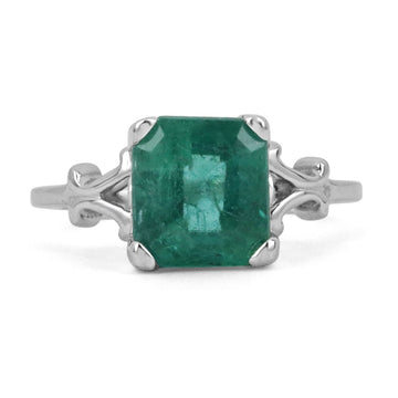 3.25ct 14K White Rare Blue Green Asscher Cut Emerald Scroll Engagement Ring