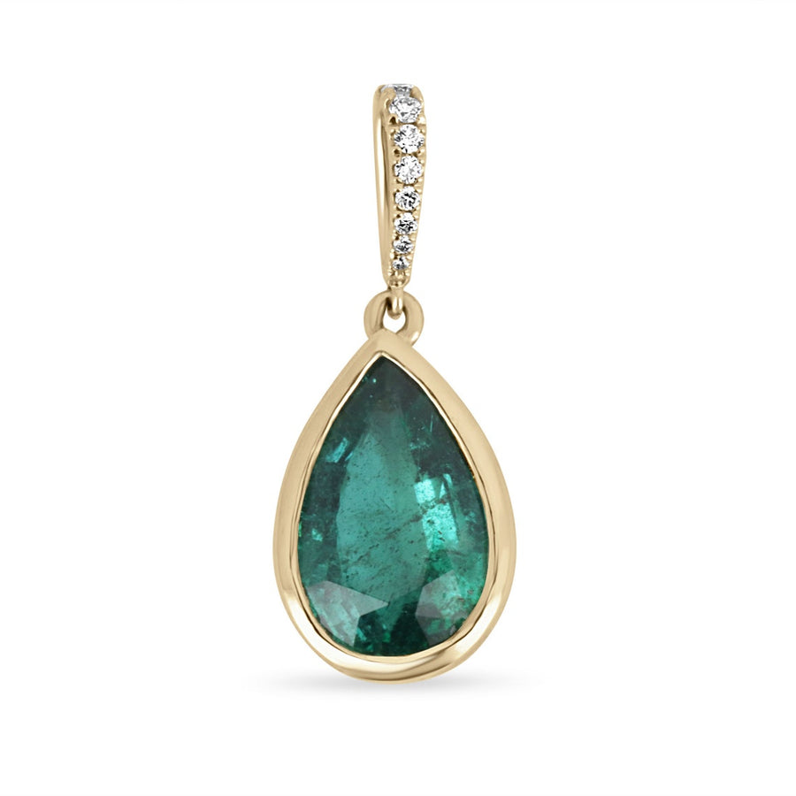 2.35tcw 14K Blue Green Emerald-Pear Cut Bezel Set with Diamond Accent Bail Birthstone Pendant