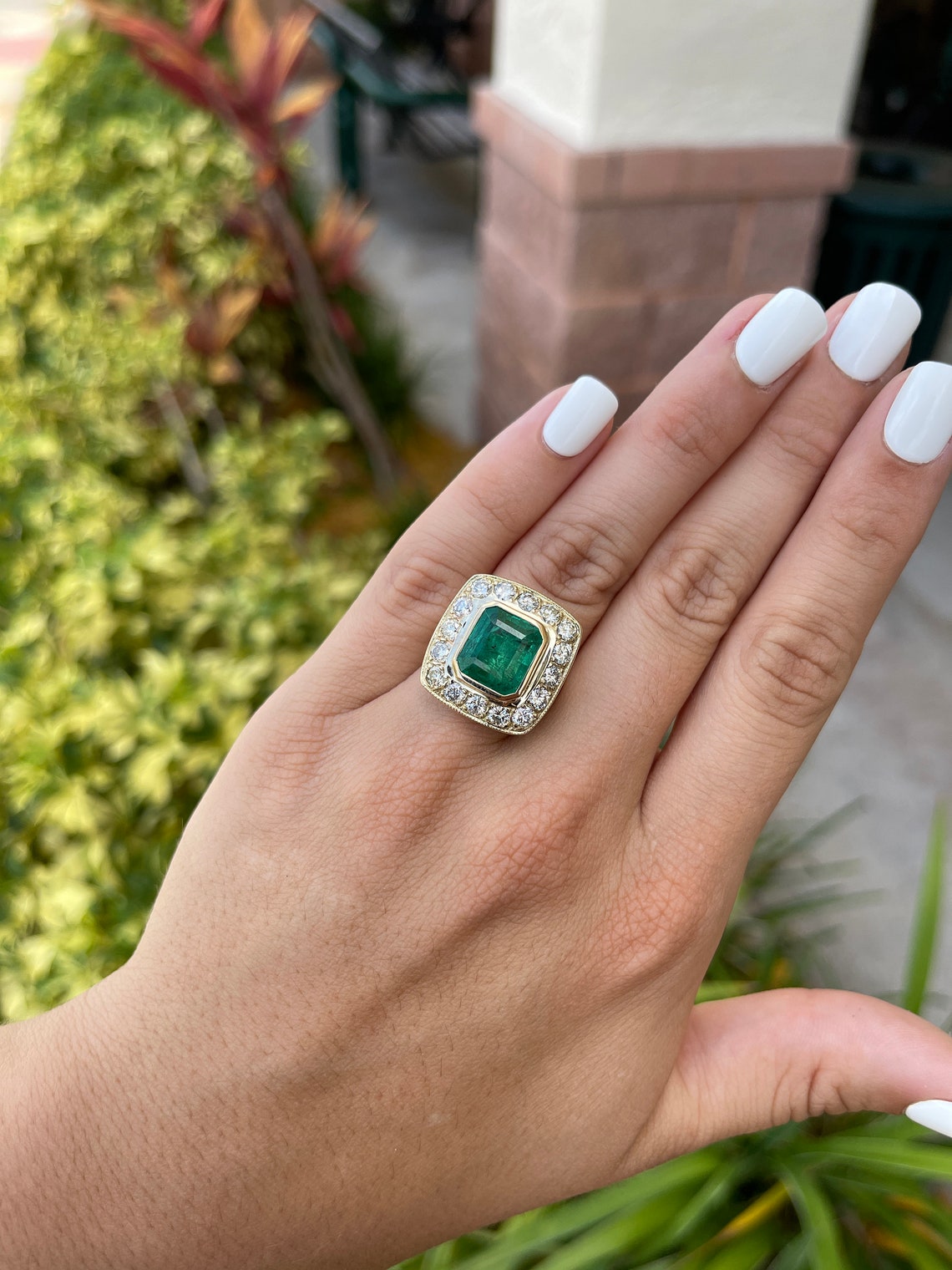 9.50tcw 14K-18K Large Heirloom Emerald Cut & VS Diamond Bezel Cocktail Halo Big Ring - JR Colombian Emeralds