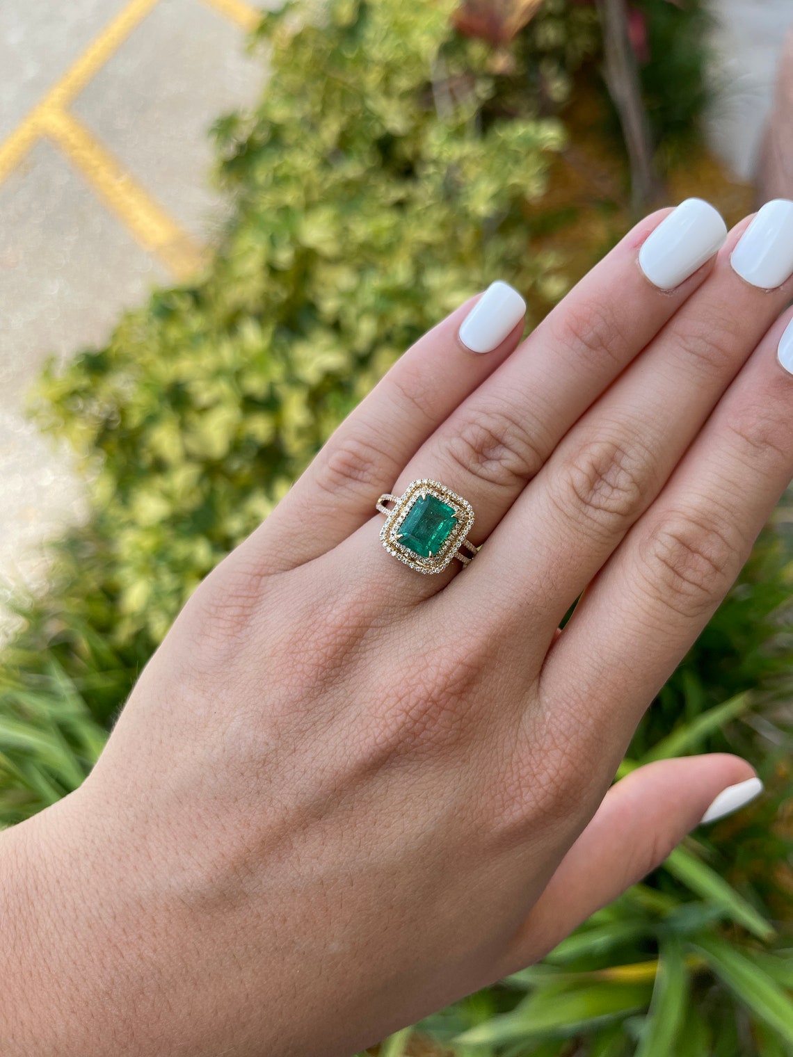 3.37tcw 14K Medium Green Real Emerald Cut & Diamond Double Halo Yellow Gold Ring - JR Colombian Emeralds