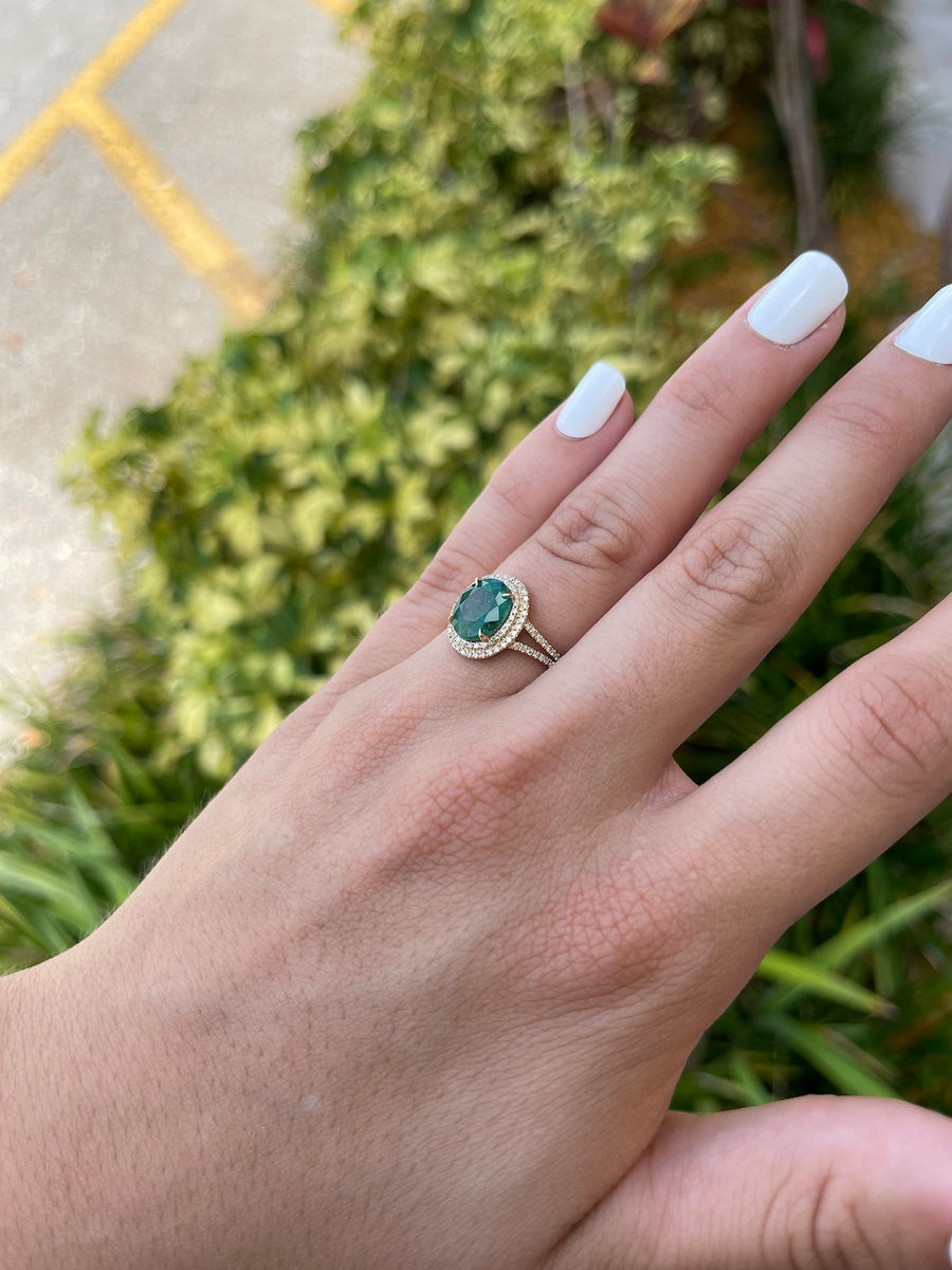 Emerald-Oval & Diamond Double Halo Yellow Gold Ring on Hand
