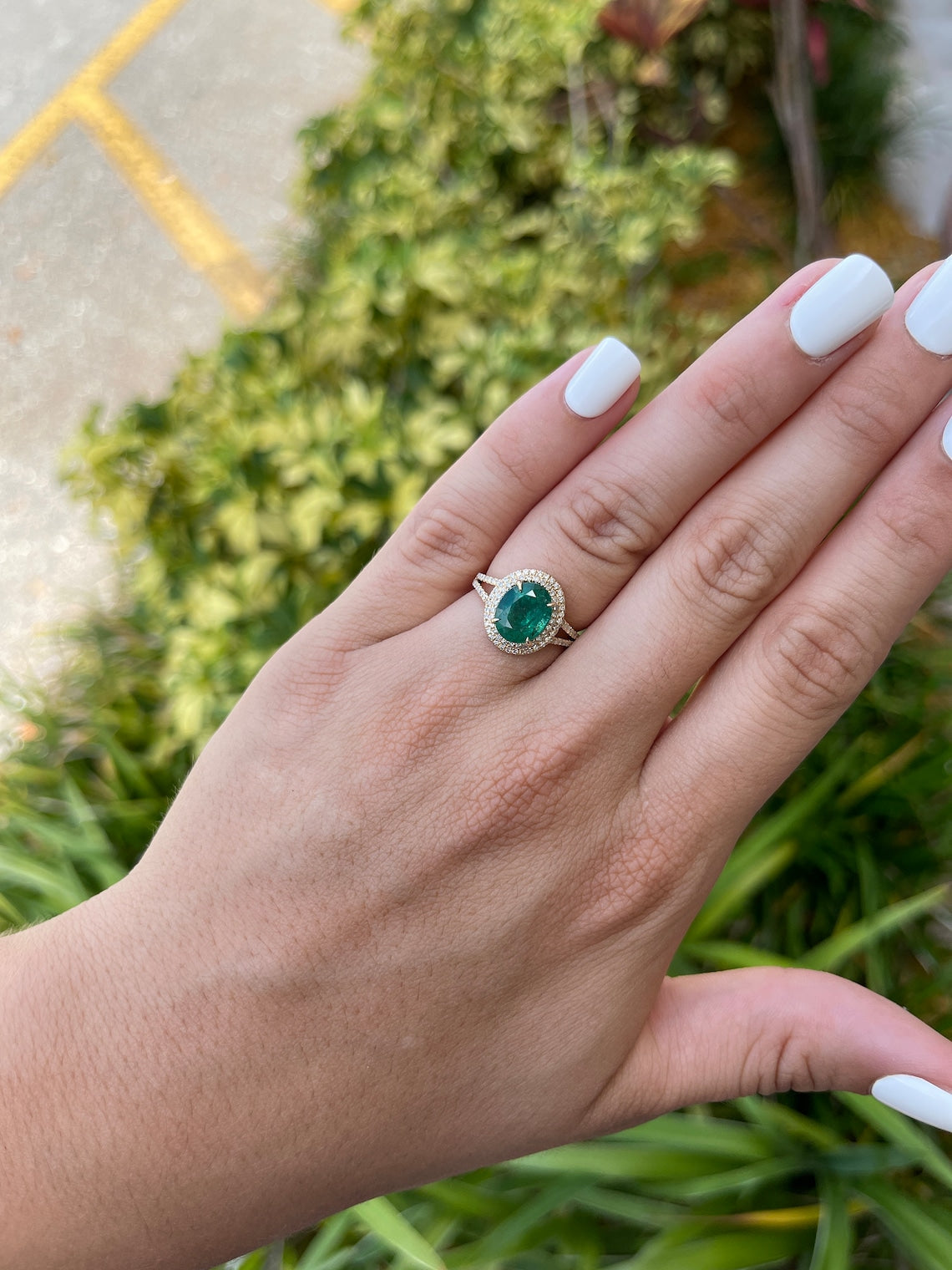 Emerald and Diamond Halo Ring Split Shank Engagement