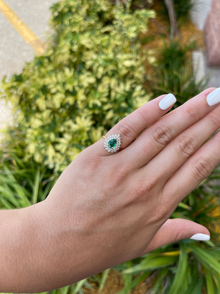 Chic and Sophisticated: Natural Emerald Teardrop Pear Cut & Petite Diamond Cluster 1.33tcw Halo Ring in 14K Gold