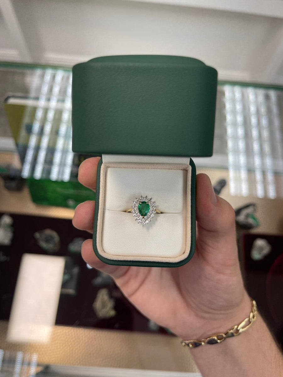 1.33tcw 14K Natural Emerald Teardrop Pear Cut & Petite Diamond Cluster Halo Ring