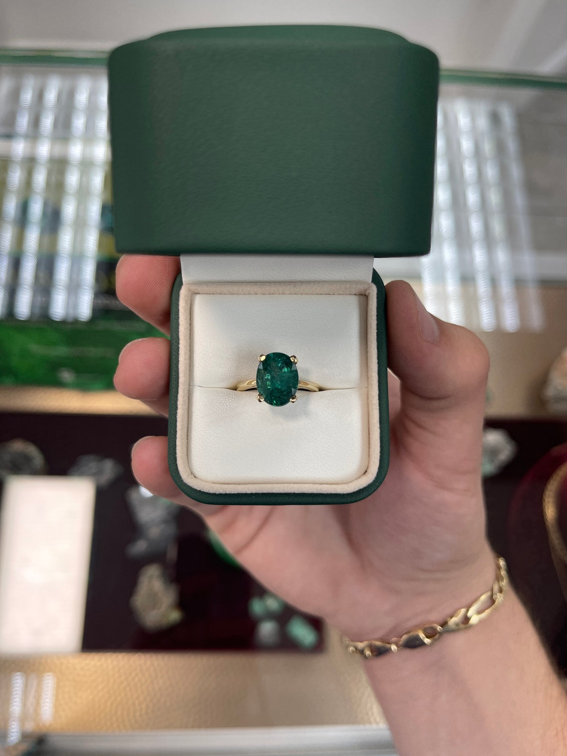 3.31cts 14K Natural Oval Cut High Quality Dark Emerald Solitaire Gold Ring - JR Colombian Emeralds