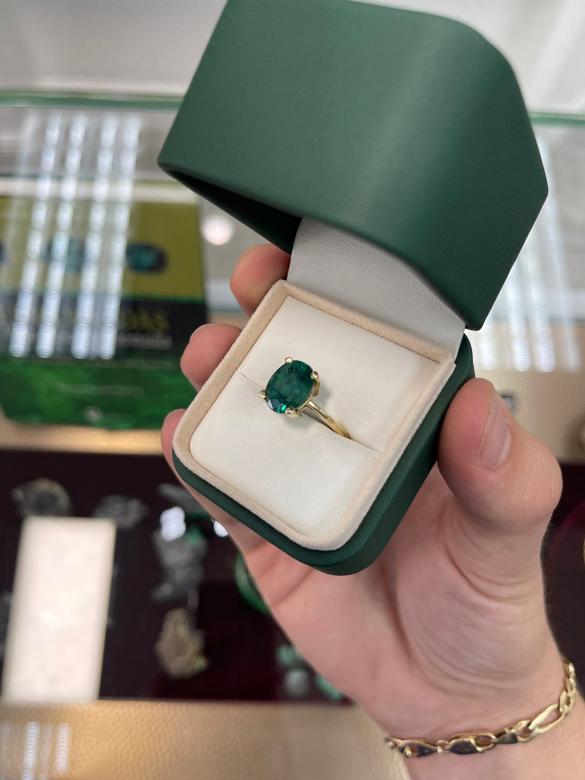 3.31cts 14K Natural Oval Cut High Quality Dark Emerald Solitaire Gold Ring - JR Colombian Emeralds