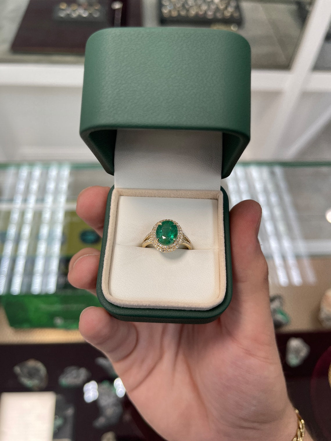 4.20tcw 14K Deep Green Natural Emerald-Oval & Diamond Double Halo Yellow Gold Ring - JR Colombian Emeralds