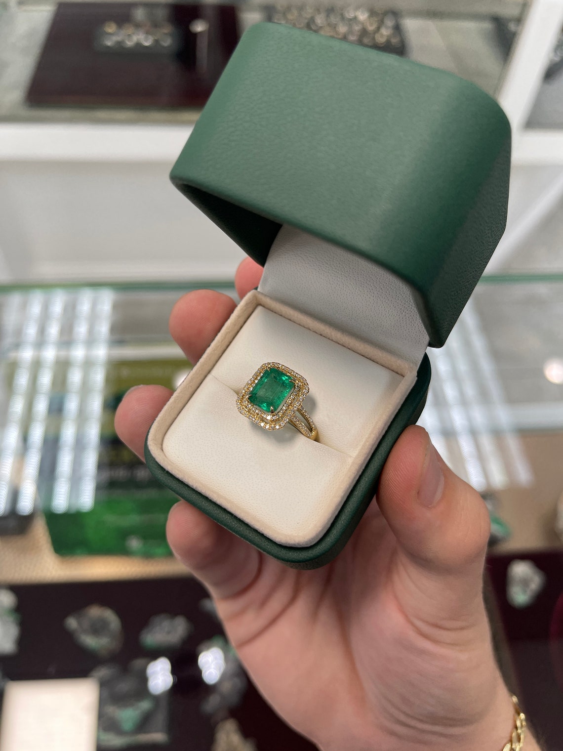 3.37tcw 14K Medium Green Real Emerald Cut & Diamond Double Halo Yellow Gold Ring - JR Colombian Emeralds