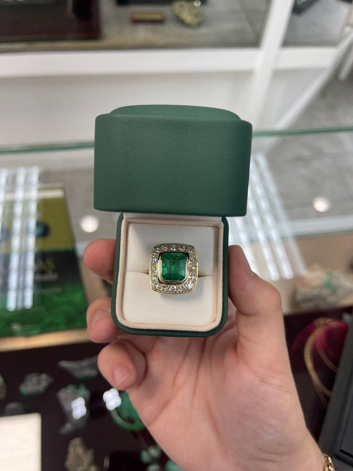 9.50tcw 14K-18K Large Heirloom Emerald Cut & VS Diamond Bezel Cocktail Halo Big Ring - JR Colombian Emeralds