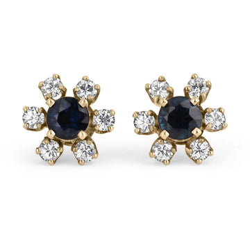 2.10tcw Sapphire & Diamond Floral Stud 14K Gold Earrings