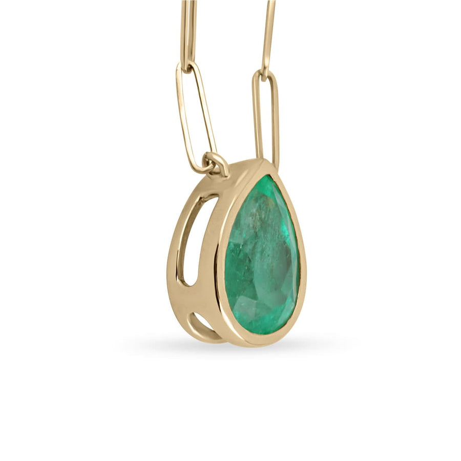 4.55cts Colombian Pear Cut Emerald Solitaire Bezel Set 14K Gold Necklace