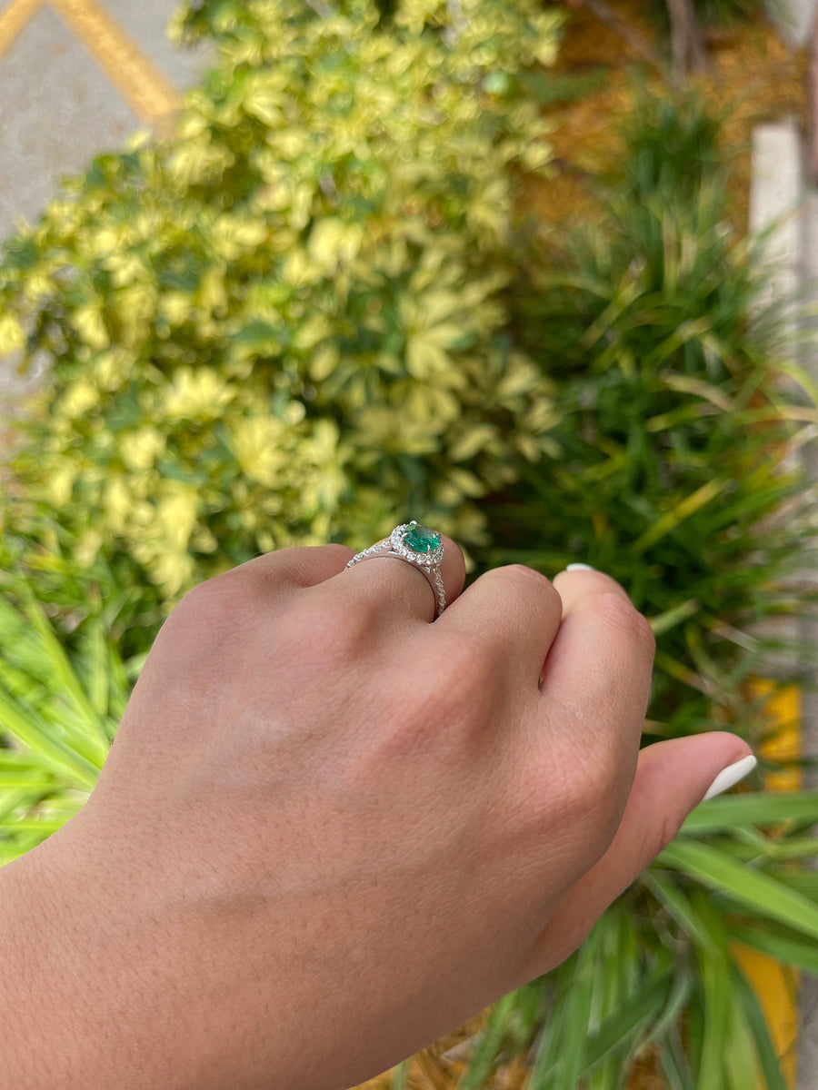 2.20tcw Vivid Electric Green Oval Emerald & Diamond Halo Engagement Ring 14K