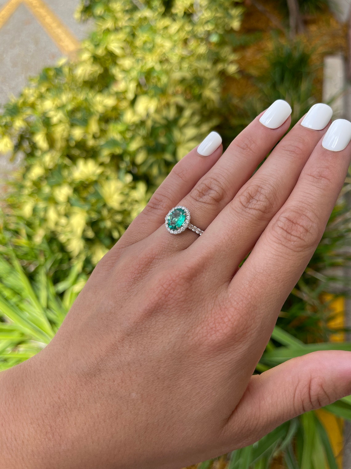 2.20tcw Vivid Electric Green Oval Emerald & Diamond Halo Engagement Ring 14K - JR Colombian Emeralds