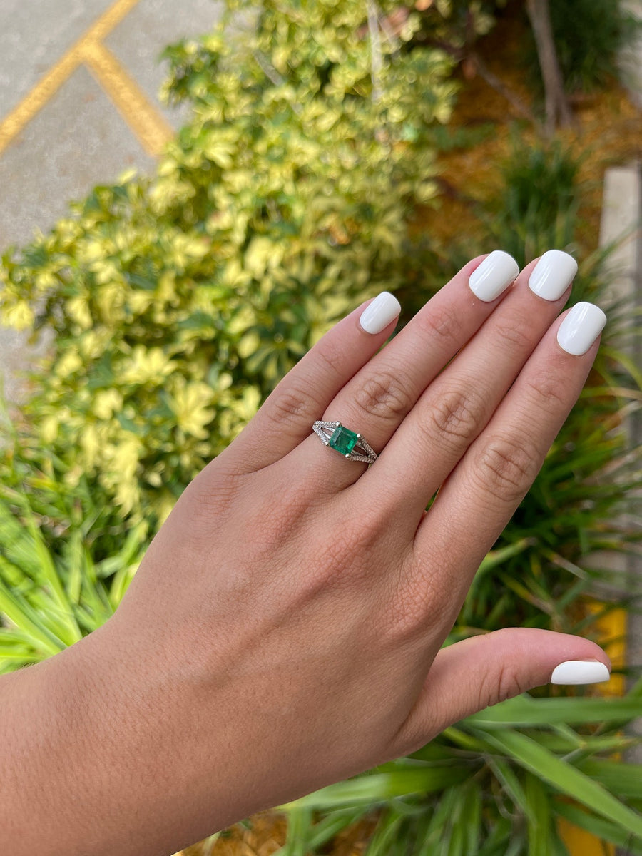 1.66tcw Dark Vivid Geen Asscher Shape Natural Emerald & Diamond Split Shank Engagement Ring 14K