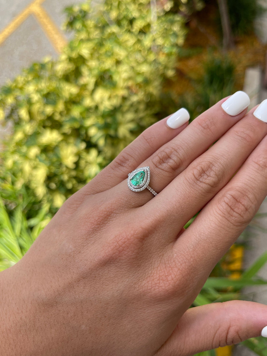 Colombian Emerald-Pear Cut & Diamond Engagement Ring on Hand