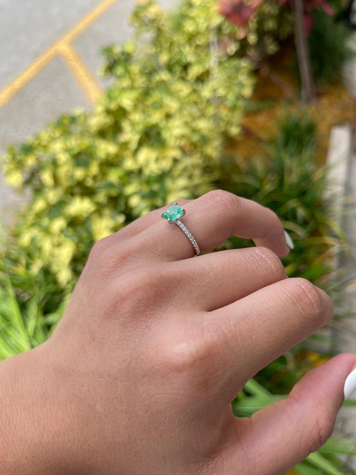 Celebrate Brilliance: 14K Gold Ring Featuring 1.30tcw Colombian Emerald Cut & Diamond Shank