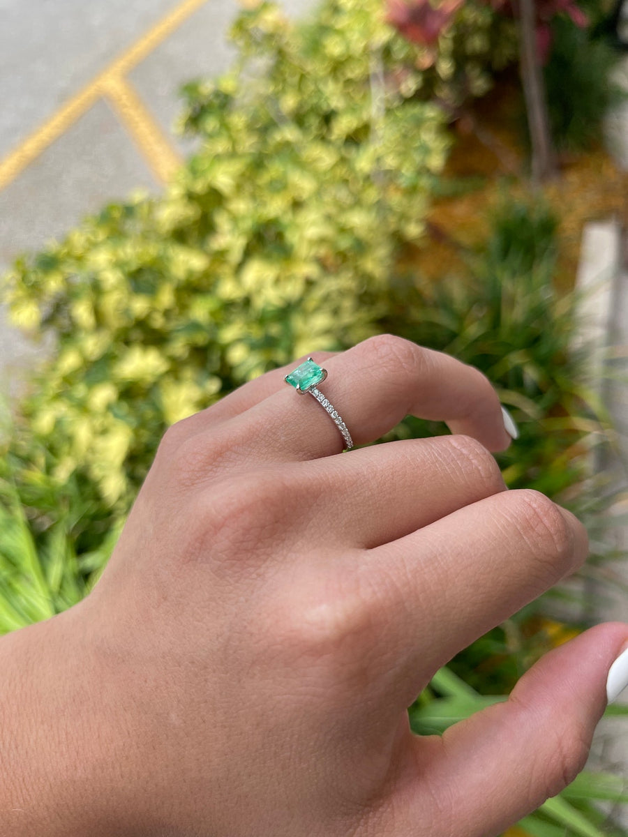 1.30tcw 14K Colombian Emerald Cut & Diamond Shank Apple Green Engagement Promise Ring