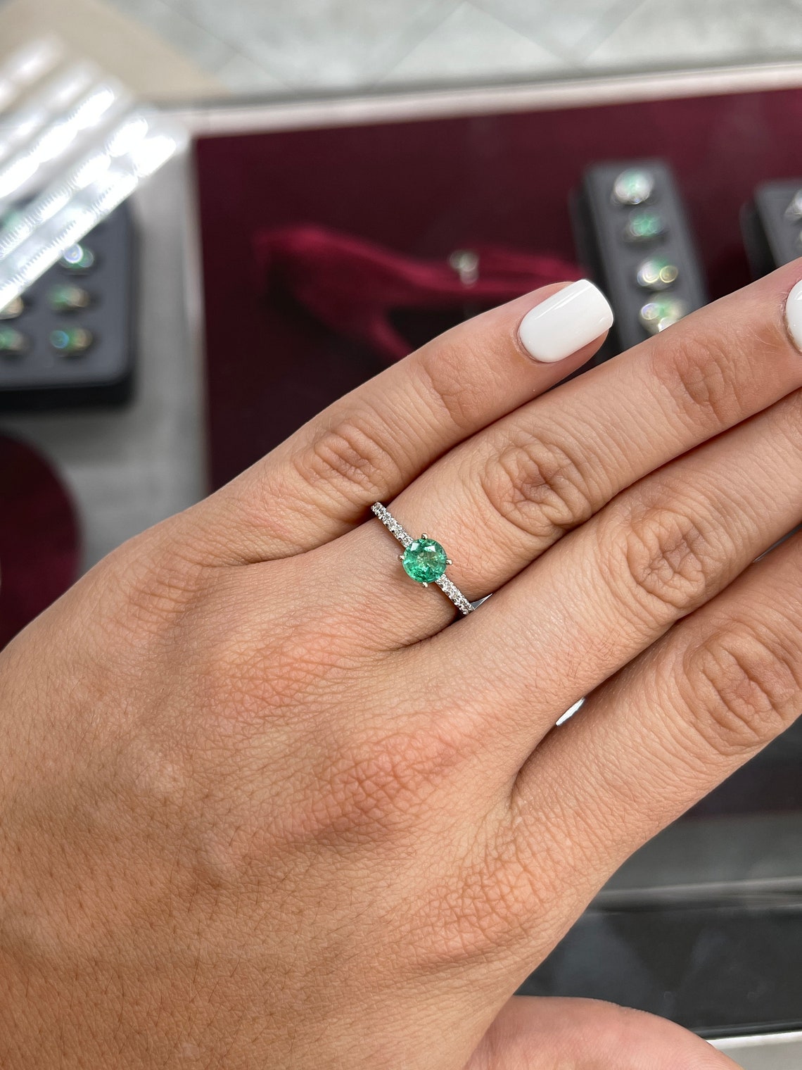 Exquisite Elegance: 1.10tcw Natural Emerald-Round Cut & Diamond Shank 14K White Gold Engagement Ring