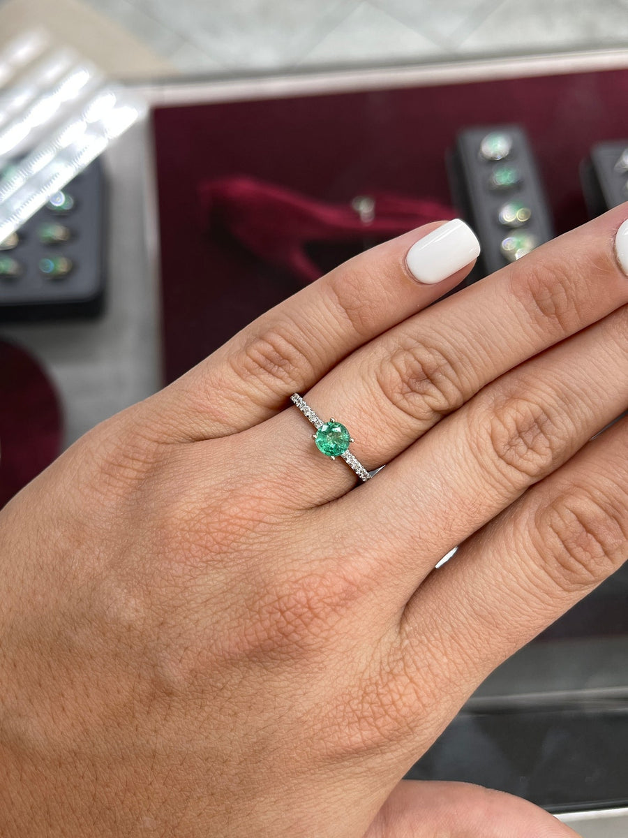 Emerald-Round Cut & Diamond Shank Ring on Hand