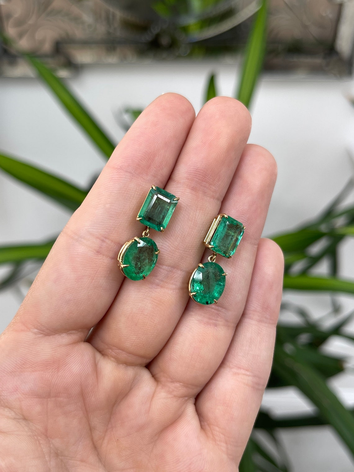 15.82tcw Dark Green Statement Large Zambian Emerald Cut & Oval Cut Dangle Earrings 18K - JR Colombian Emeralds