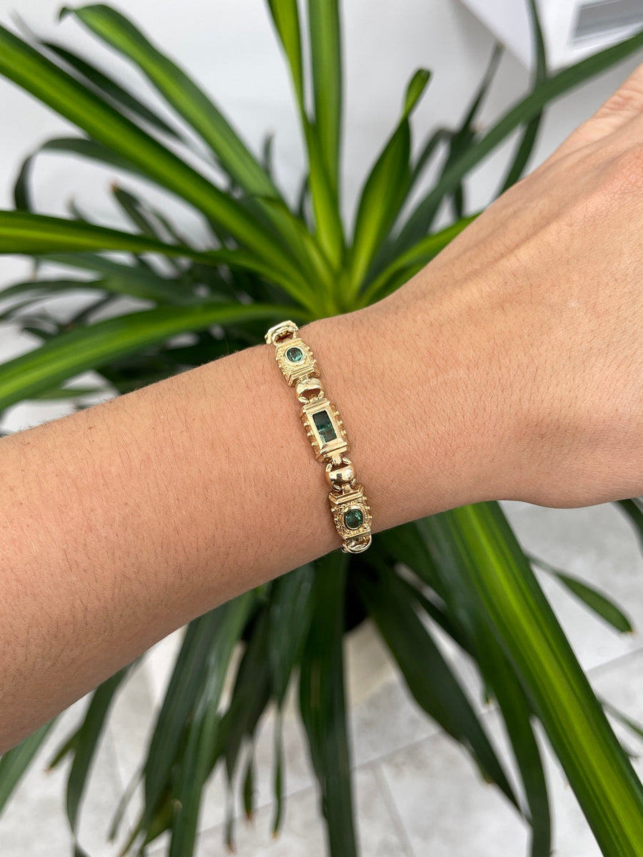  Emerald-Asscher & Oval Cut Gold Bracelet on Hand