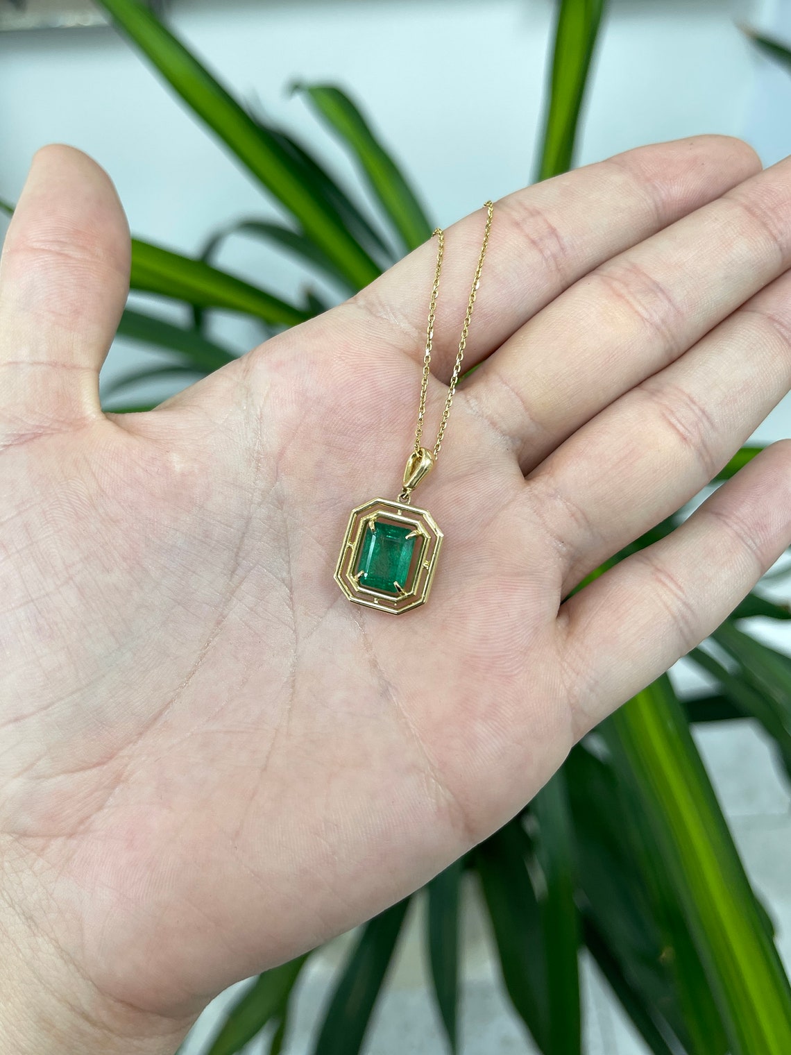 3.18ct 14K Modern Geometric Dark Green Emerald Cut Solitaire Gold Prong Pendant - JR Colombian Emeralds