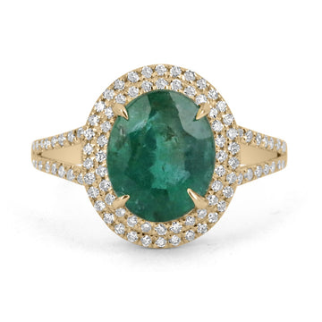 4.20tcw 14K Natural Emerald-Oval & Diamond Double Halo Yellow Gold Ring