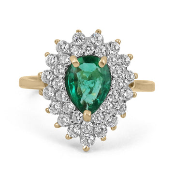 Teardrop Elegance: 1.33tcw Natural Emerald Teardrop Pear Cut & Petite Diamond Cluster Halo Ring in 14K Gold