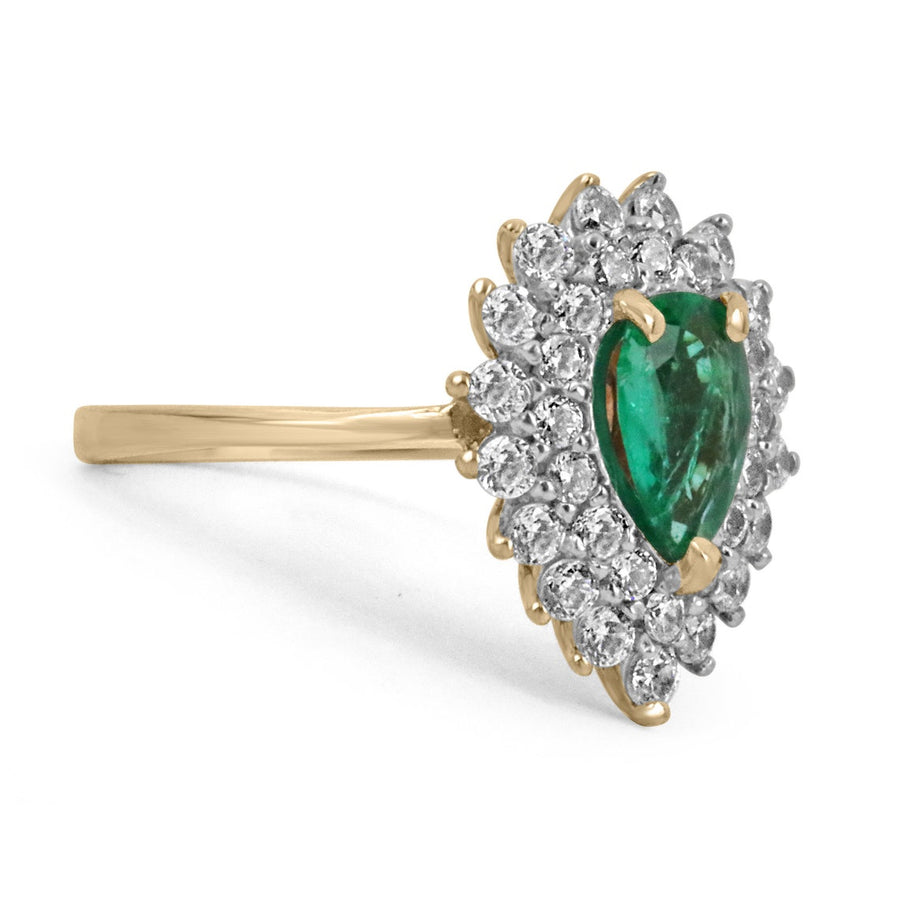 Radiant 14K Gold Ring with 1.33tcw Natural Emerald Teardrop Pear Cut & Petite Diamond Cluster - Timeless Charm
