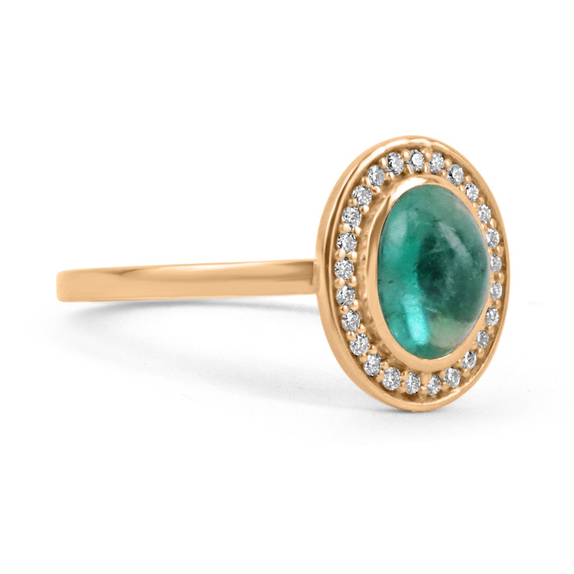 1.45tcw Real Cabochon Contemporary Emerald Oval & Diamond Pave Halo Statement Ring - JR Colombian Emeralds