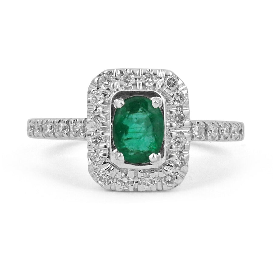 Exquisite Elegance: 1.05tcw Dark Green Emerald Oval Cut & Diamond Halo and Shank Engagement Ring in 18K Gold