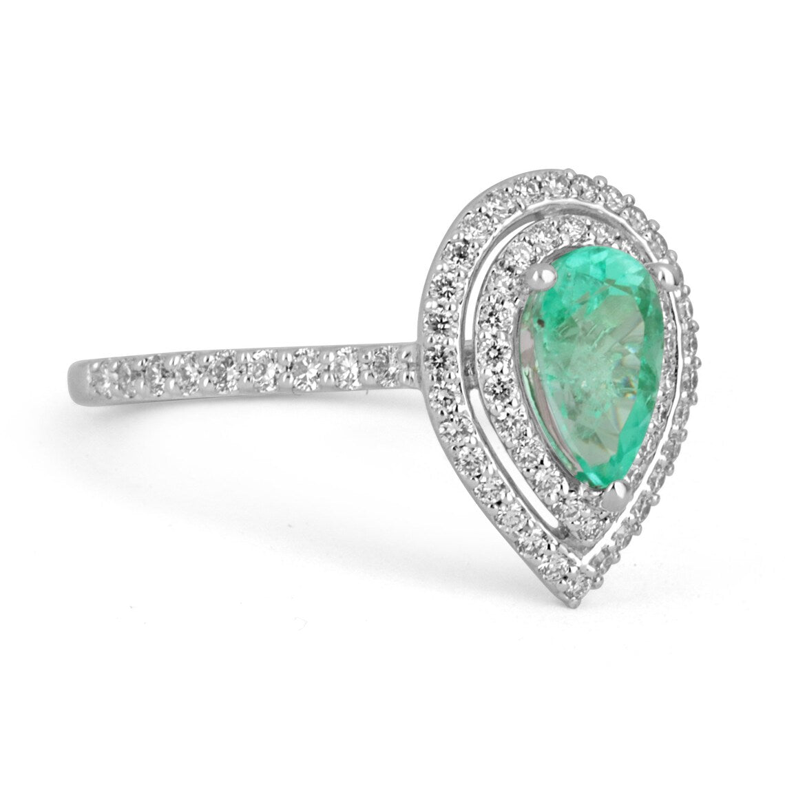 Pear Shaped Emerald and Diamond Accent White Gold 14K Ring