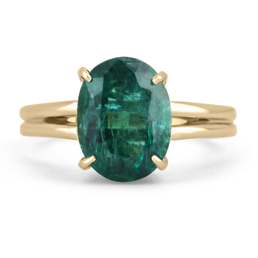 3.31cts 14K Genuine Oval Cut Bluish Green Emerald Double Shank 4Prong Gold Ring