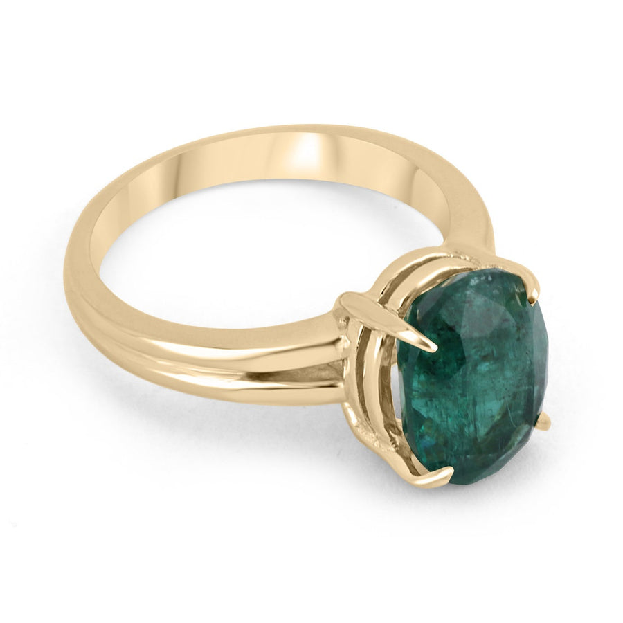 Oval Cut Natural Emerald Solitaire Four Prong Gold Ring