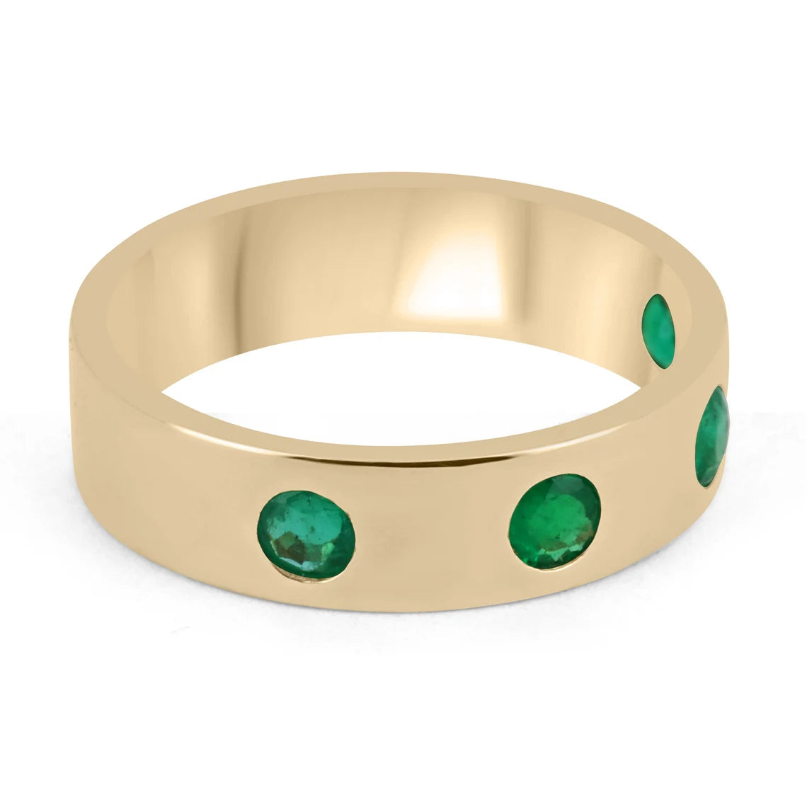 Radiant 18K Gold Band with Stacking 0.50tcw 5mm Round Colombian Emerald Bezel - Timeless Charm