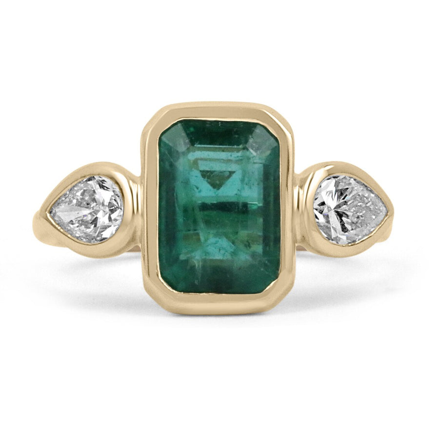 3.15tcw 18K Natural Emerald Cut & Pear Cut Diamond Accent Three Stone Gold Bezel Set Ring