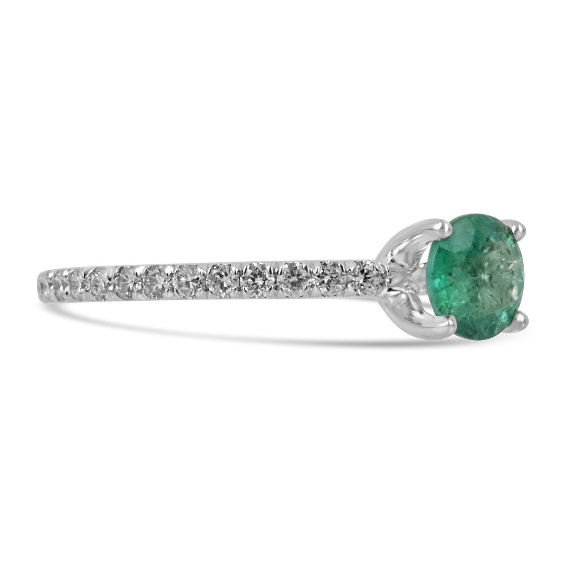 Radiant 14K White Gold Ring with 1.10tcw Natural Emerald-Round Cut & Diamond Shank - Timeless Charm