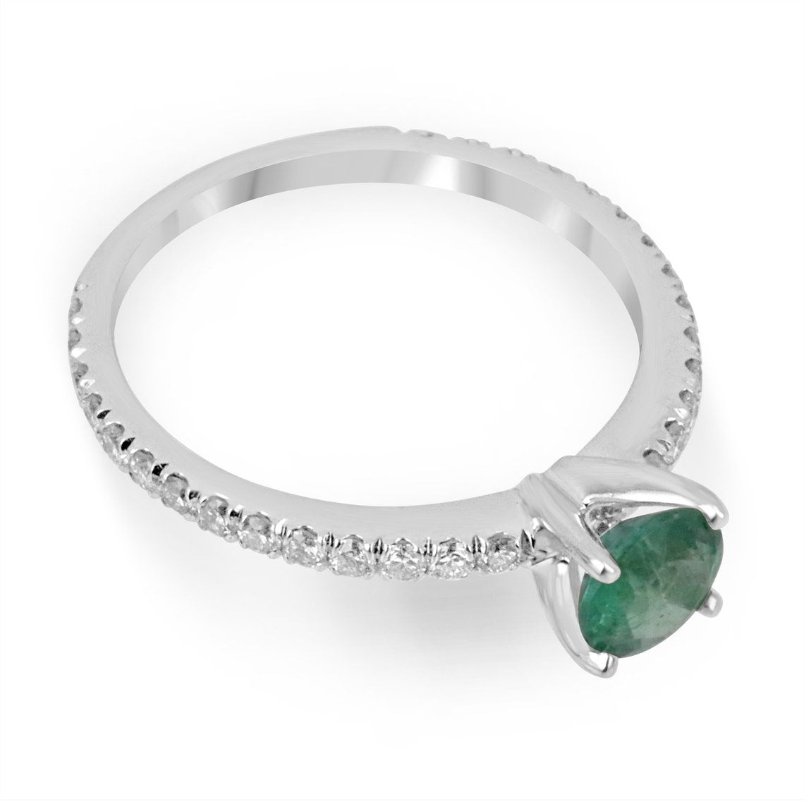 Chic and Sophisticated: Natural Emerald Round Cut & Diamond Shank 1.10tcw Ring in 14K White Gold