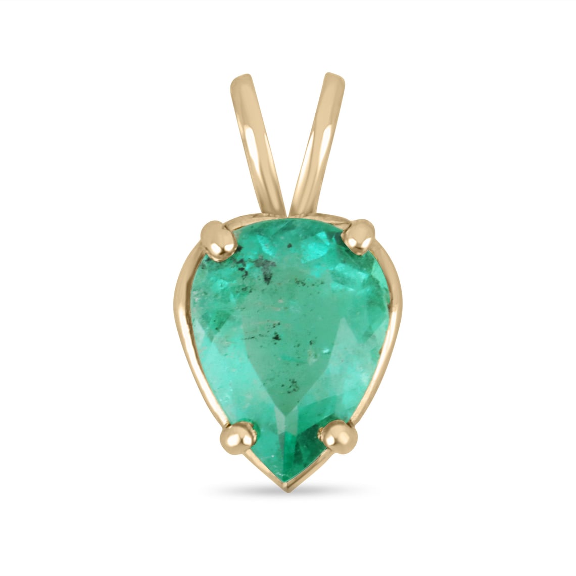 2.82cts 14K Colombian Emerald-Pear Cut Solitaire Yellow Gold 4 Prong Split Bail Pendant