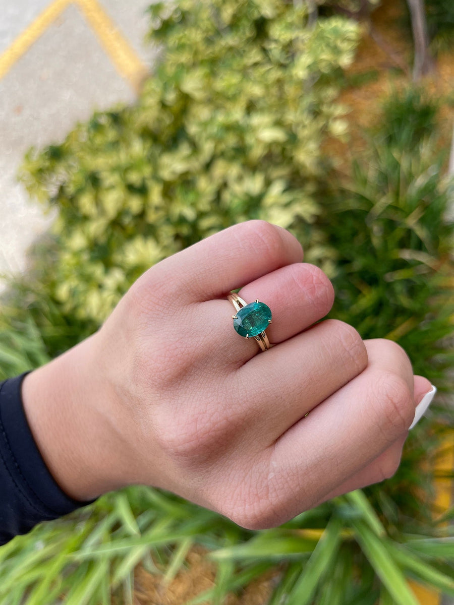 Emerald Double Shank Solitaire Gold Ring on Hand