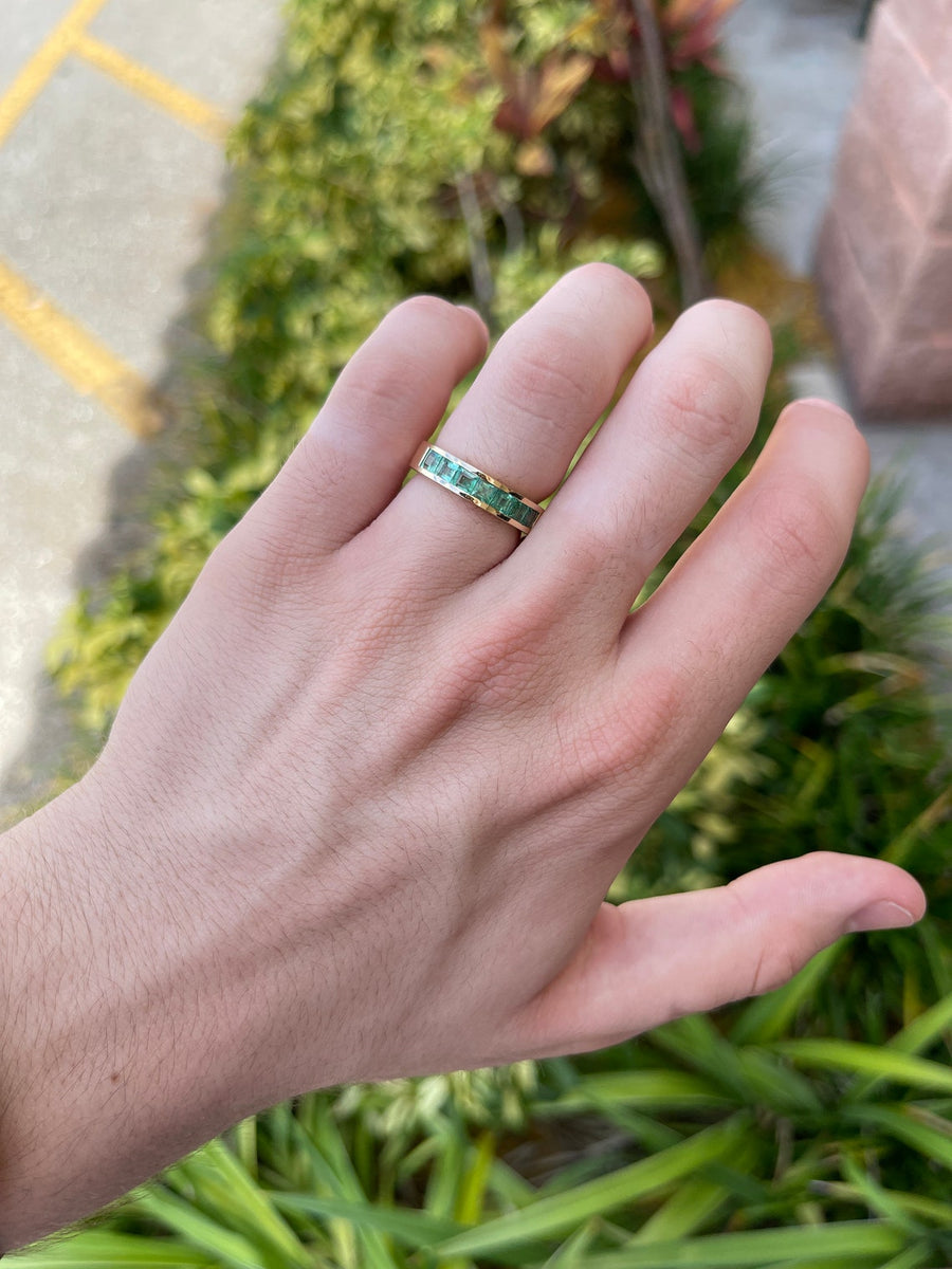 Spring Green Emerald Wedding Gold Band Ring on Hand